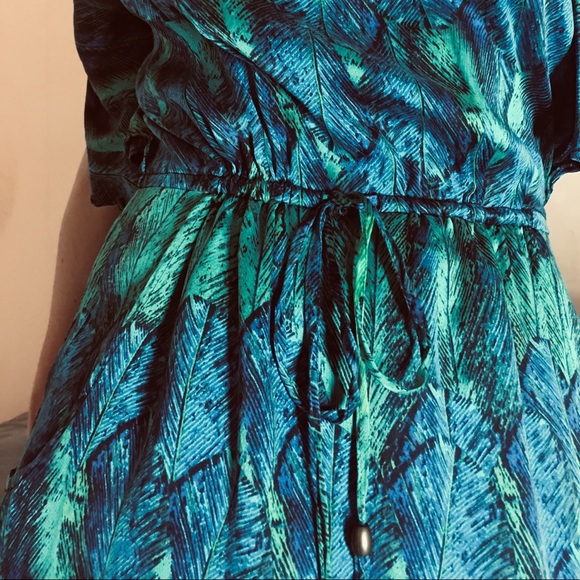 Silk Dress Blue/Green Feather Print Tie-Waist Dress - Picture 4 of 8
